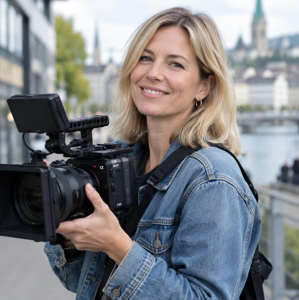 Portrait of a woman filmmaker holding a camera