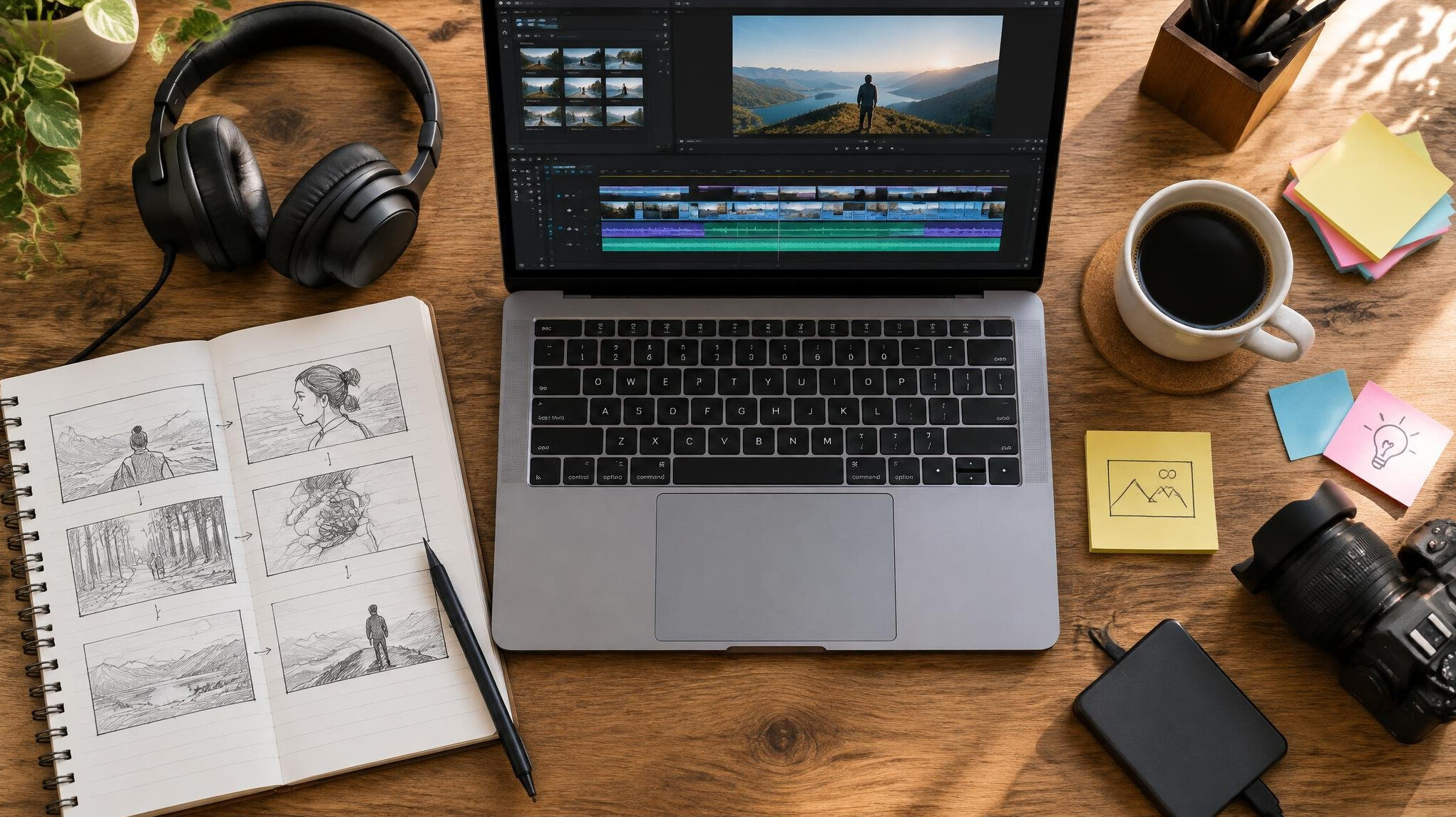 Overhead view of creative desk with laptop notebook and headphones