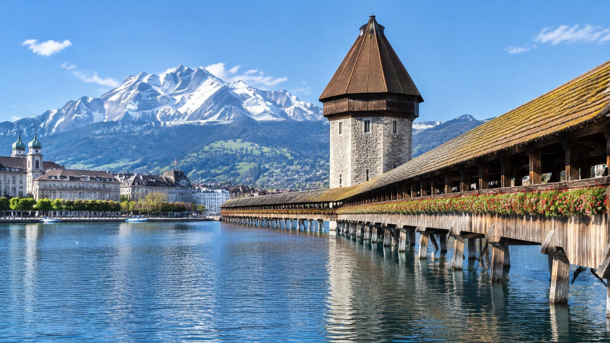 Lucerne Chapel Bridge with mountains in the background
