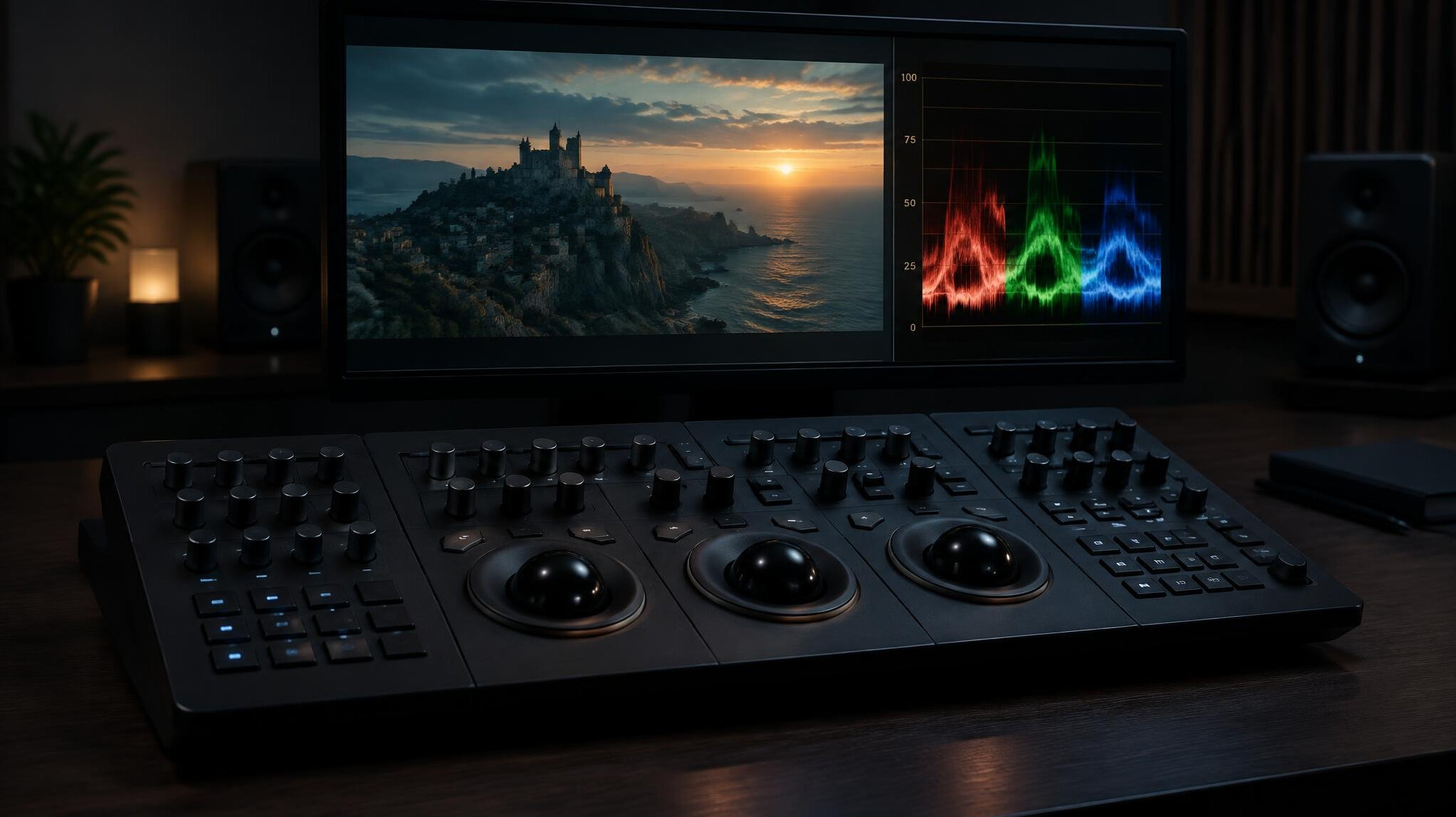 Colour grading panel with trackballs and waveform monitor