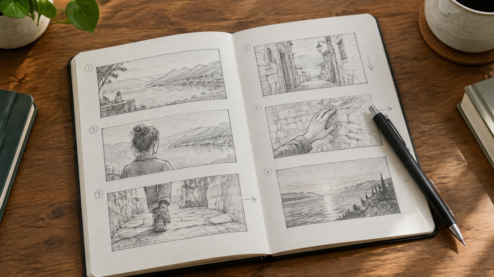 Notebook with hand drawn storyboard and pen