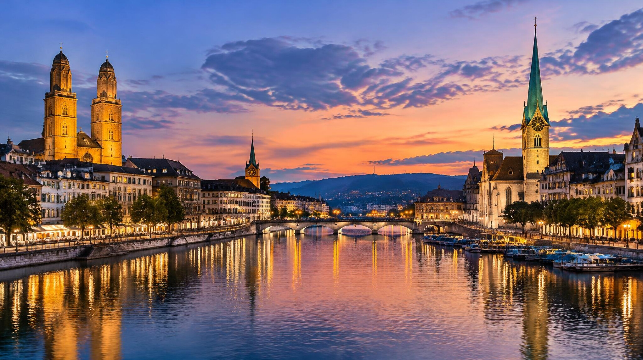 Zurich old town and Limmat river at dusk