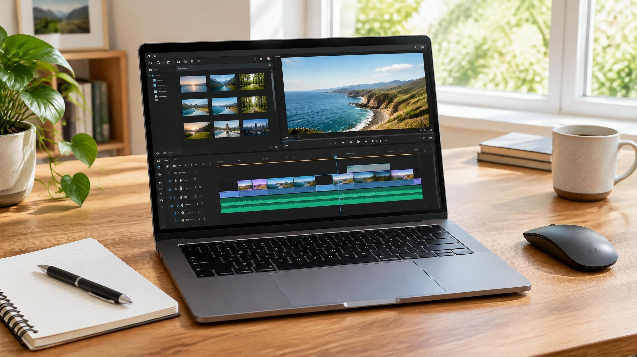 Laptop with video editing software on a wooden desk