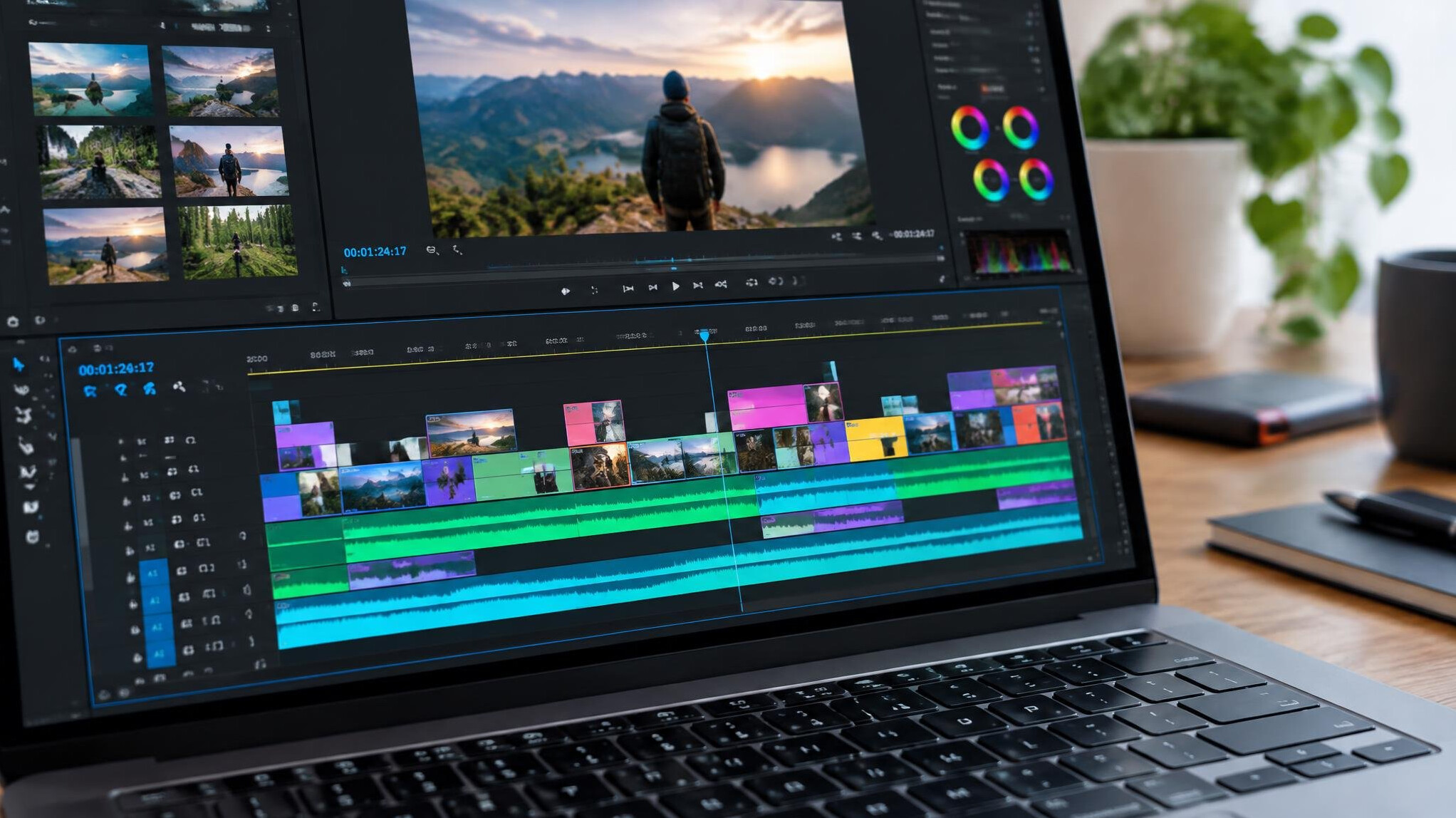 Laptop screen with video editing timeline