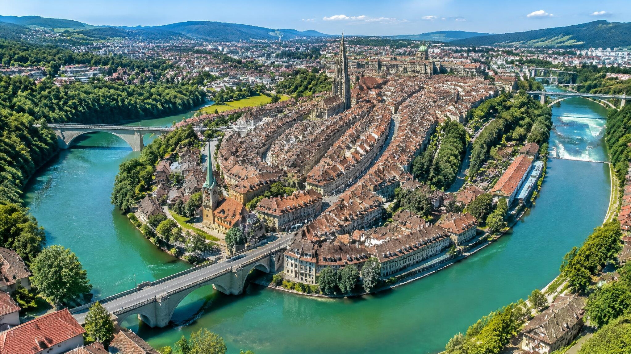 Bern old town with Aare river aerial view