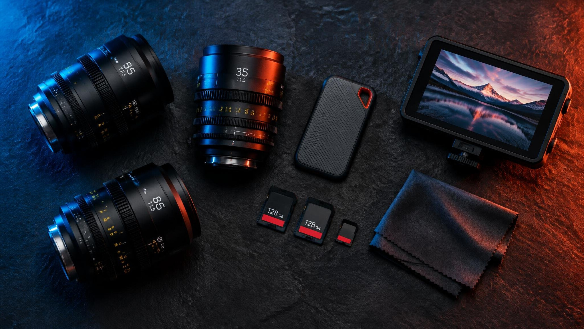 Flat lay of camera lenses and accessories