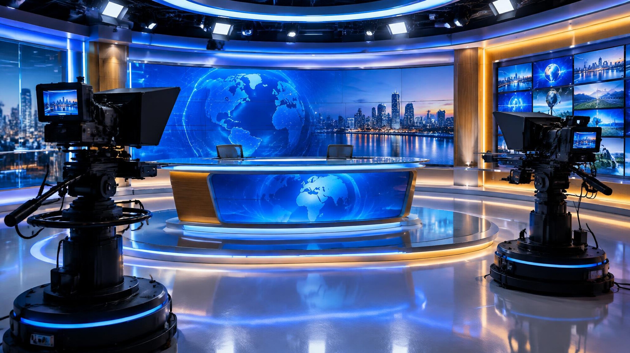 Television studio with cameras and monitors