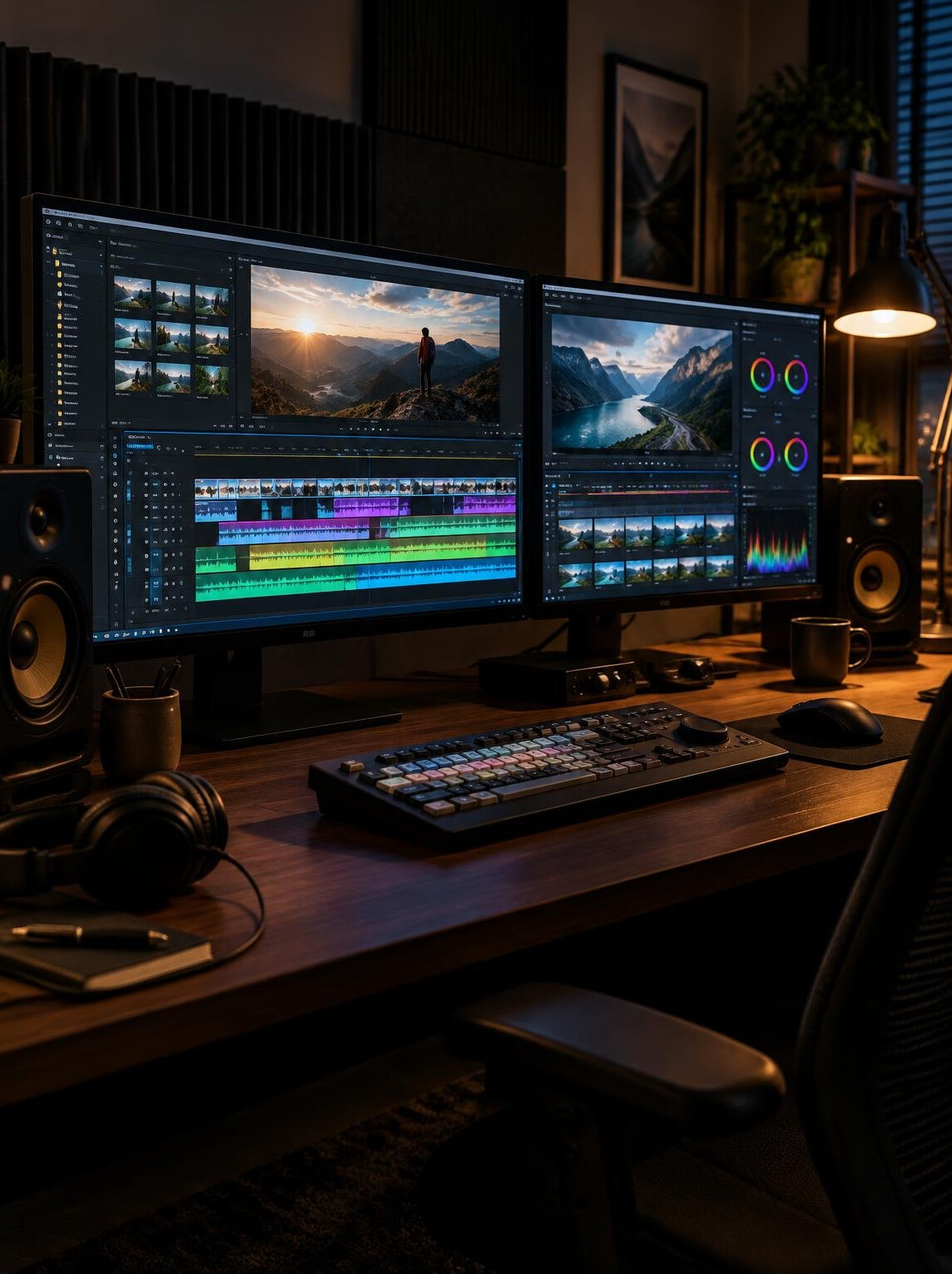 Video editing suite with two monitors showing a timeline