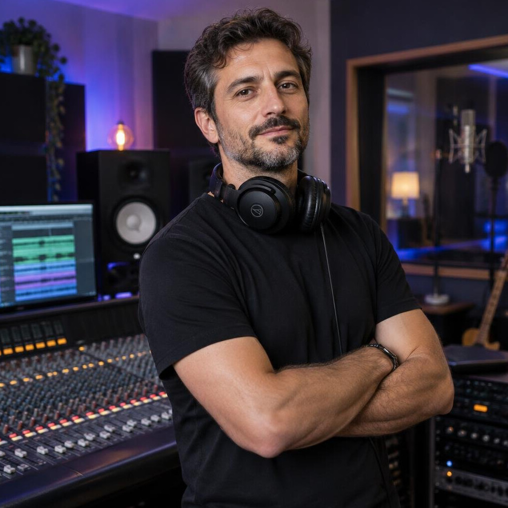 Portrait of a sound engineer with headphones around his neck